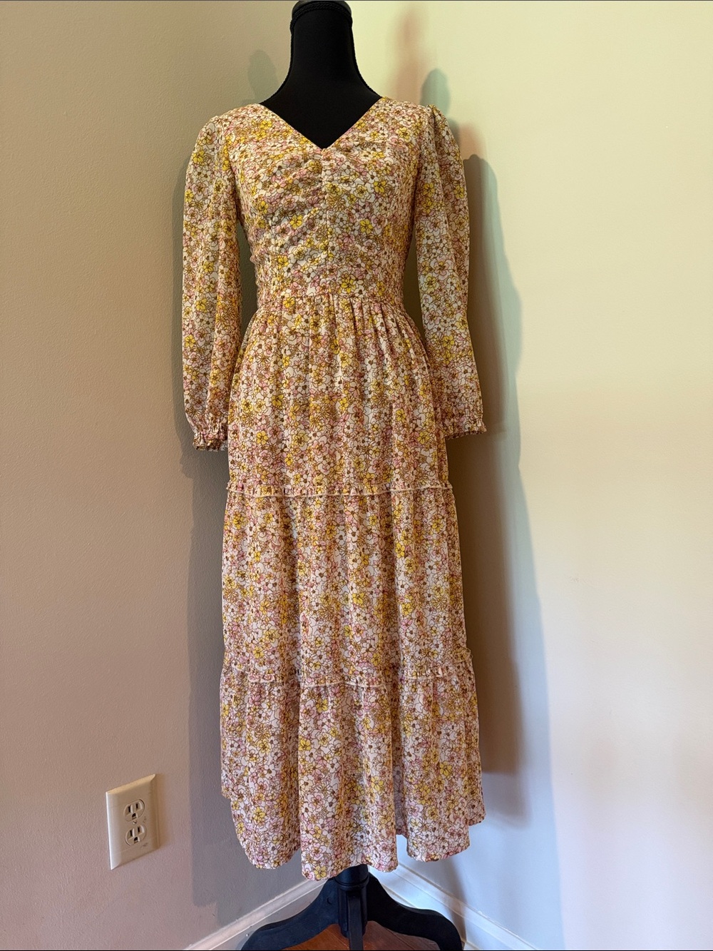 Romantic Floral Tiered Maxi Dress — Pink & Yellow